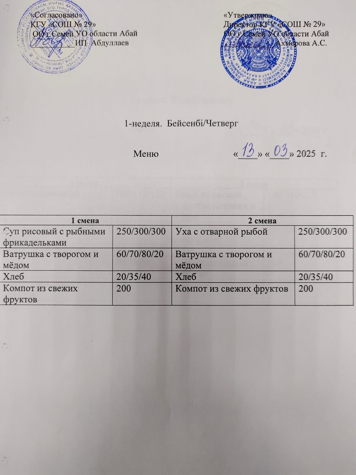 Ежедневное меню  1 неделя  четверг