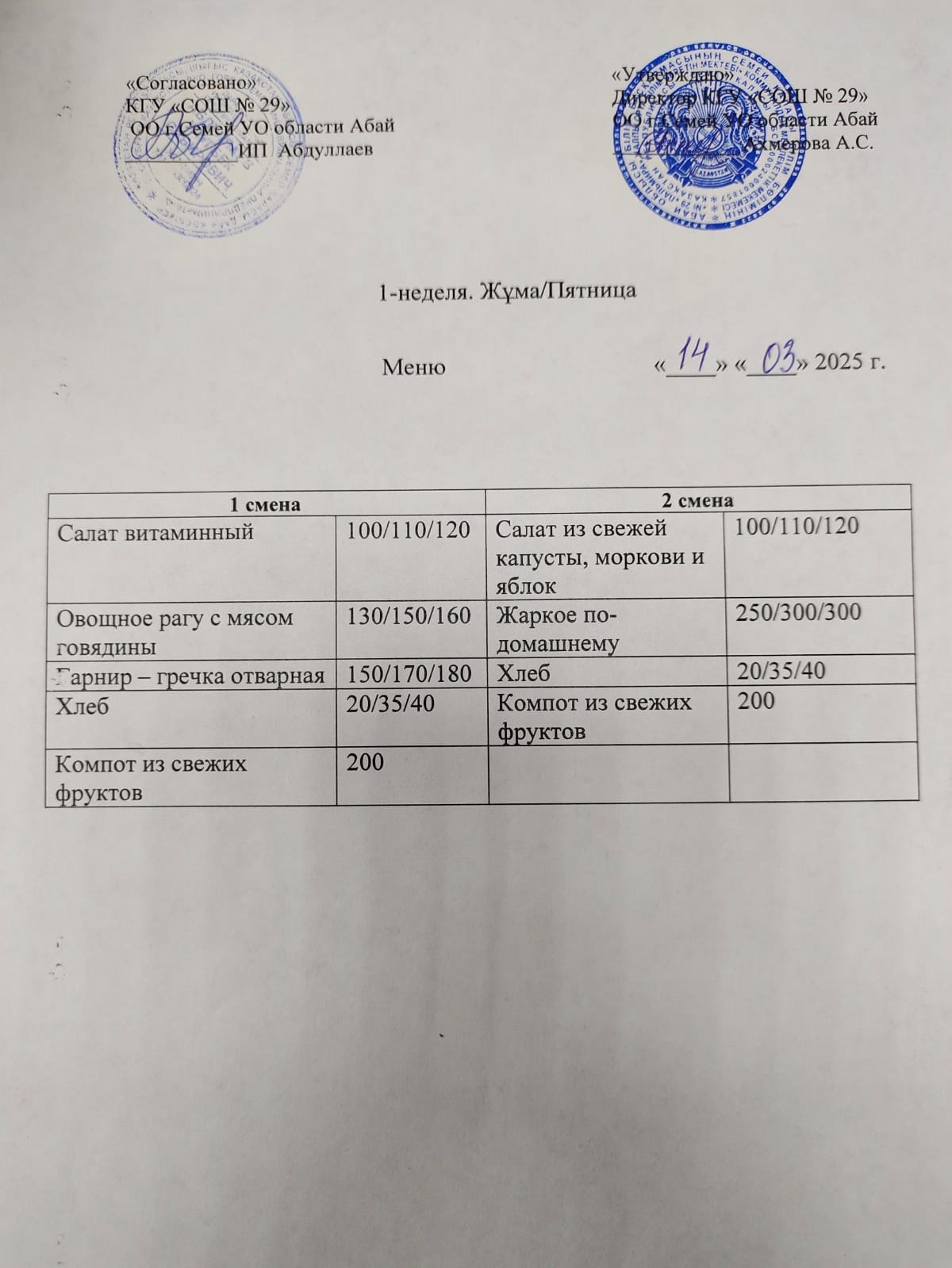 Ежедневное меню  1 неделя  пятница
